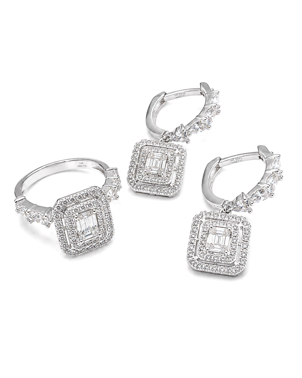 Classic Emerald Dangling Paved Hoop Diamond Jewelry Set 14K