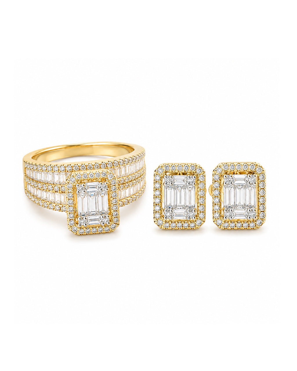 Classic Emerald Halo Twin Ring Diamond Jewelry Set 14K