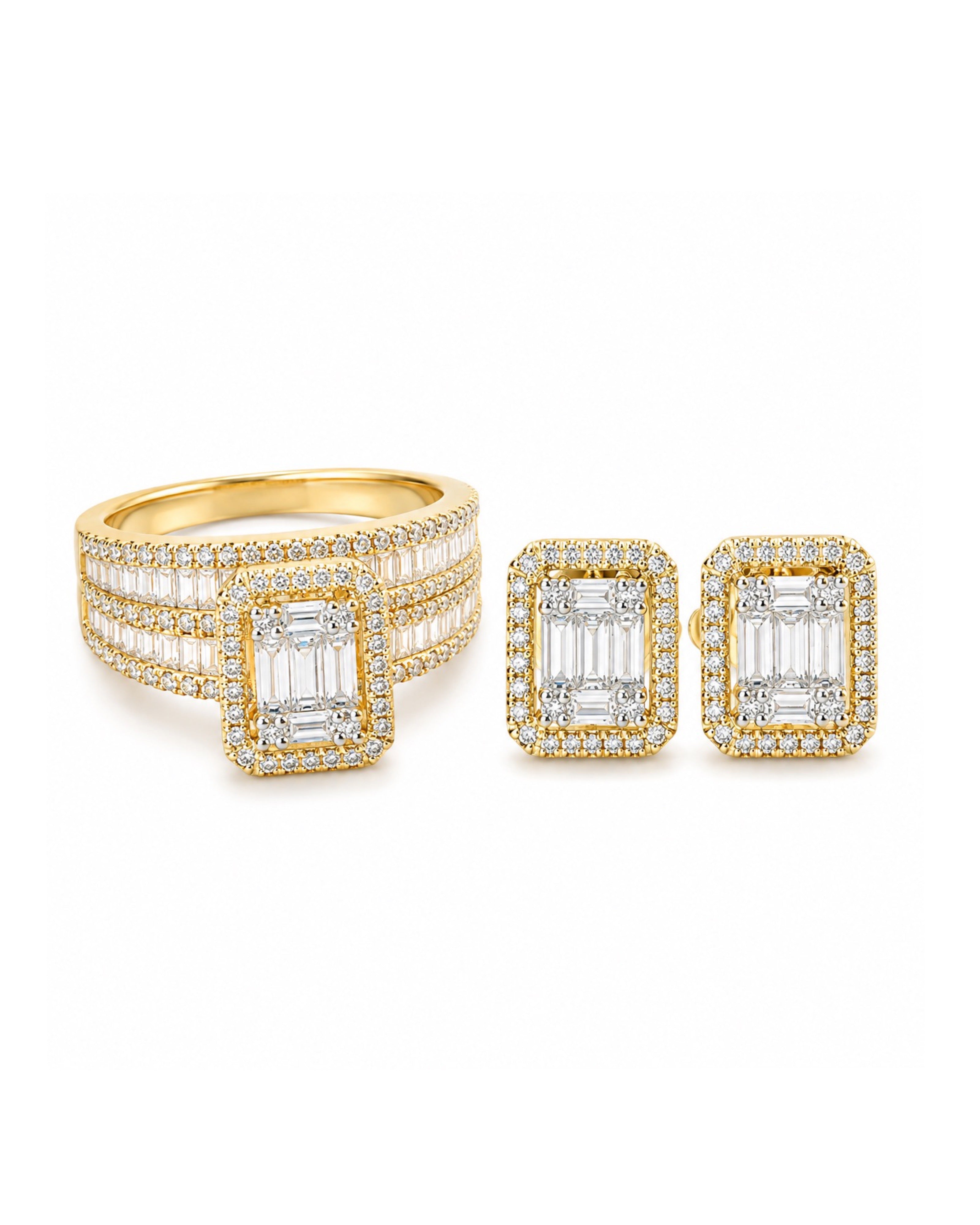 Classic Emerald Halo Twin Ring Diamond Jewelry Set 14K
