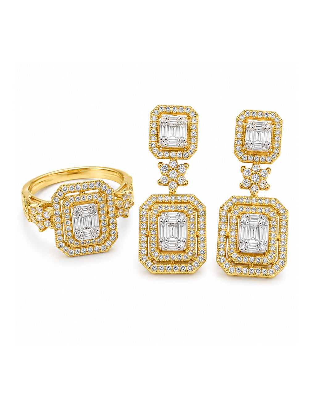 Golden Classic Emerald Double Halo Dangling  Diamond Jewelry Set 14K