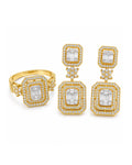 Golden Classic Emerald Double Halo Dangling  Diamond Jewelry Set 14K