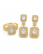 Golden Classic Emerald Double Halo Dangling  Diamond Jewelry Set 14K