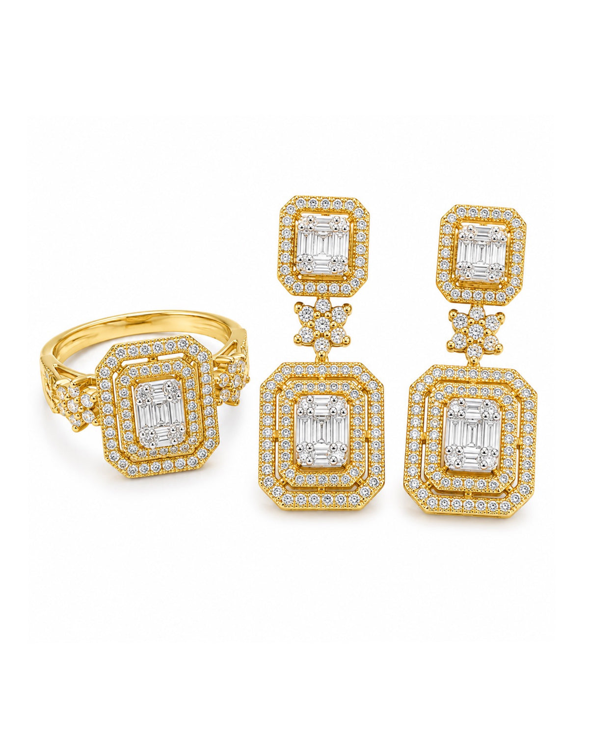 Golden Classic Emerald Double Halo Dangling  Diamond Jewelry Set 14K