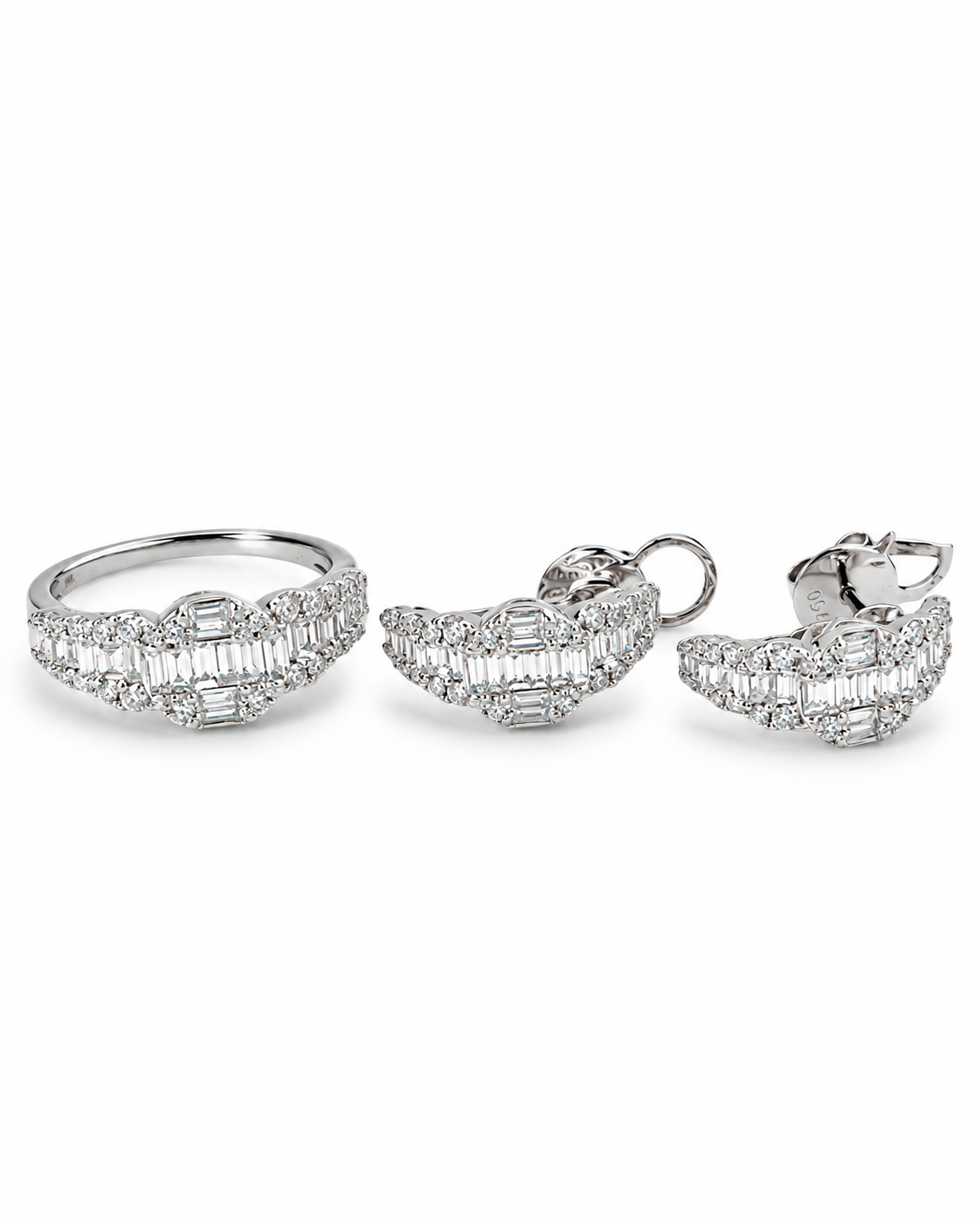 Classic Hoop Half Eternity Baguette Creolle Diamond Jewelry Set 18K