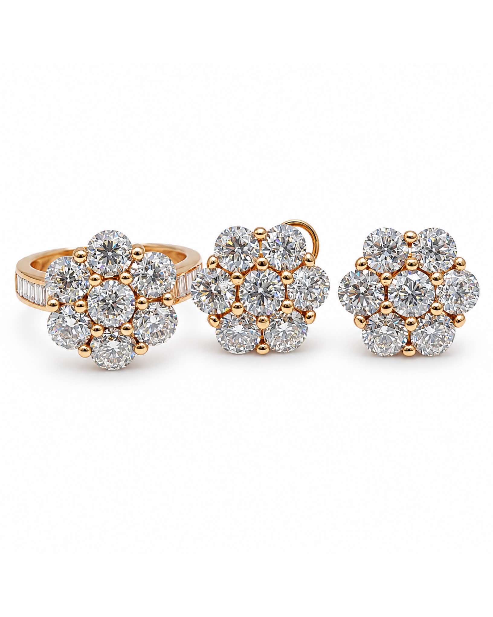 10.50cts Classic Round Floral Rosegold Stud Diamond Jewelry Set 18K GIA