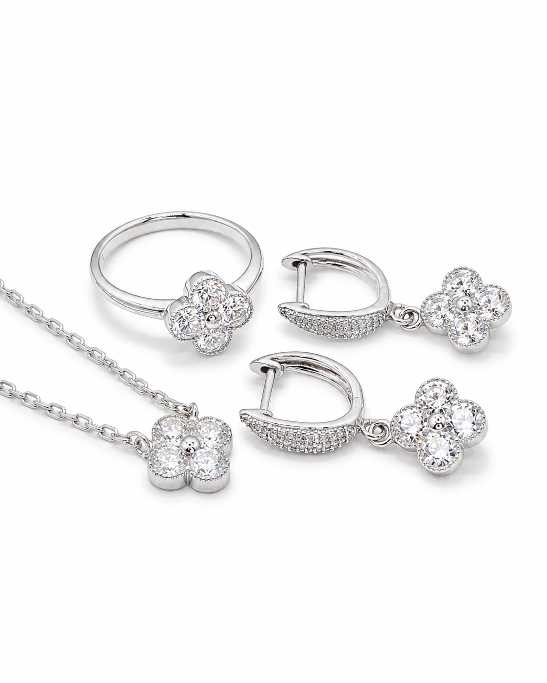 Z Classic Round Clover Dangling Hoop Diamond Jewelry Set 18K