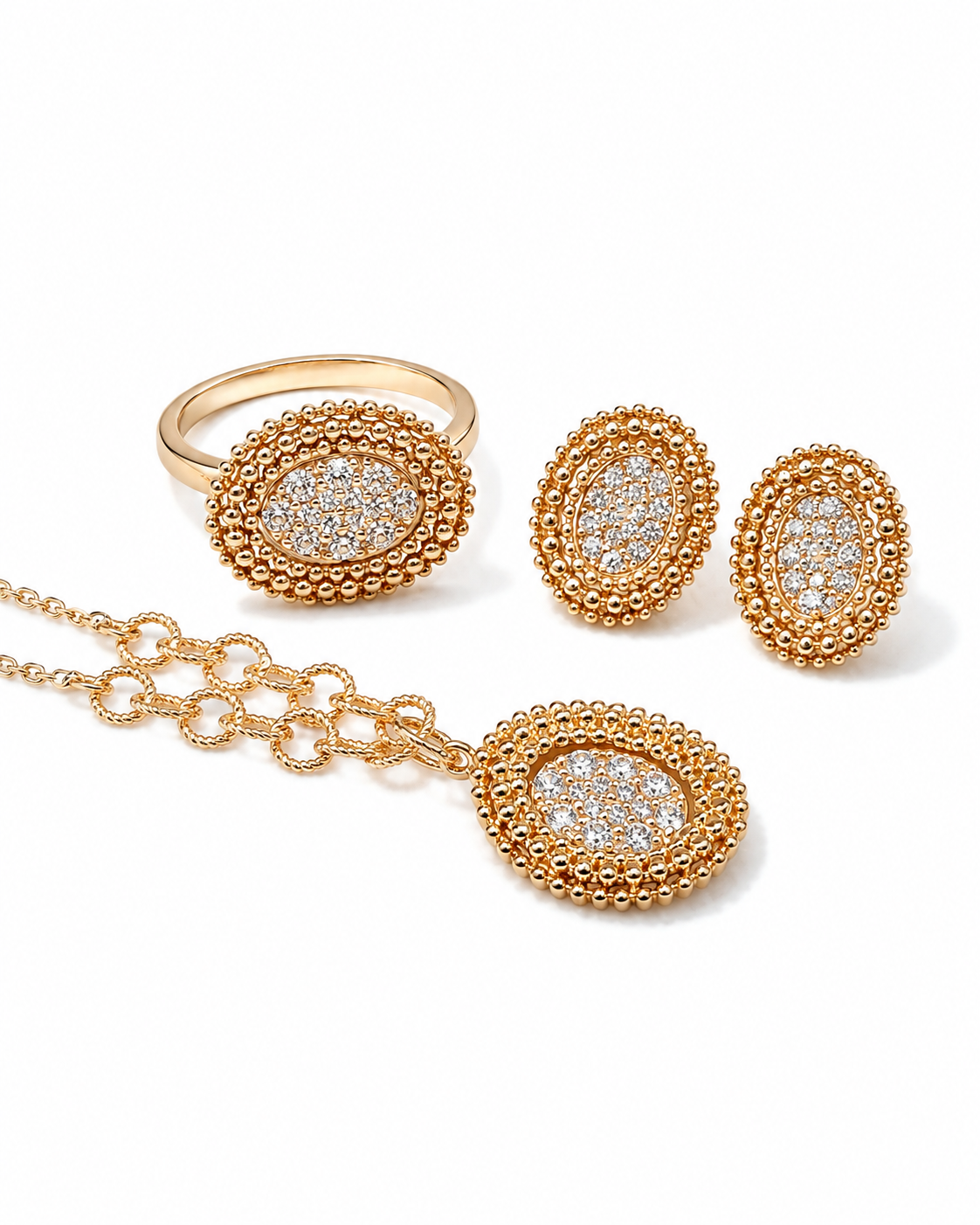Classic Oval Halo Beaded Rosegold Diamond Jewelry Set 18K