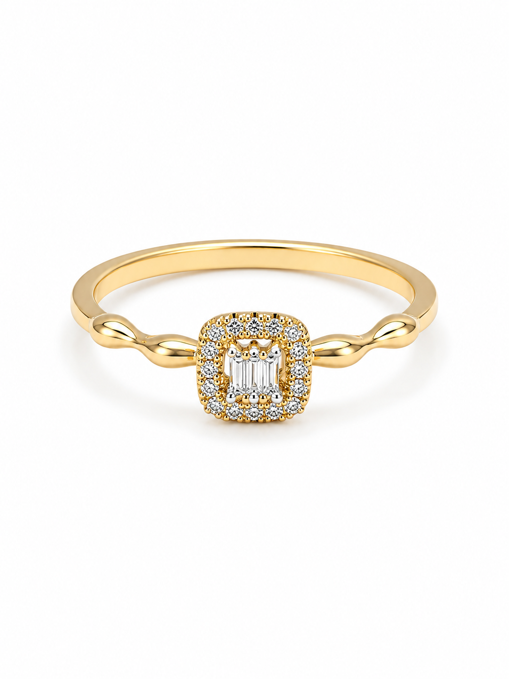 Classic Cushion Baguette Golden Diamond Ring 14K