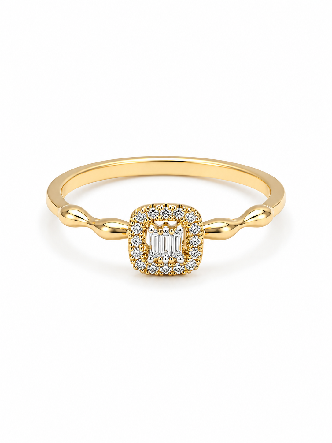 Classic Cushion Baguette Golden Diamond Ring 14K