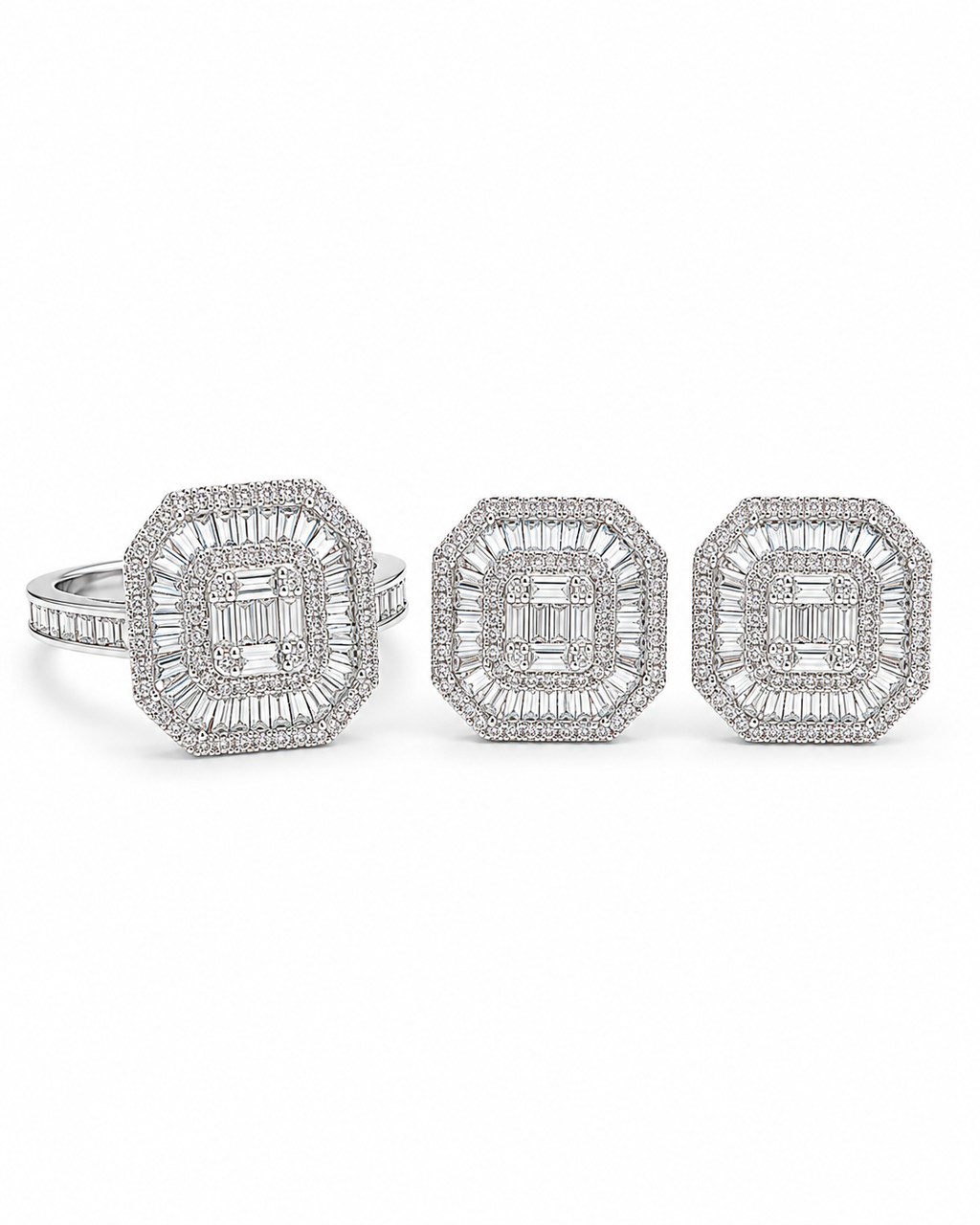 Classic Cushion Baguette Paved Diamond Jewelry Set 14K