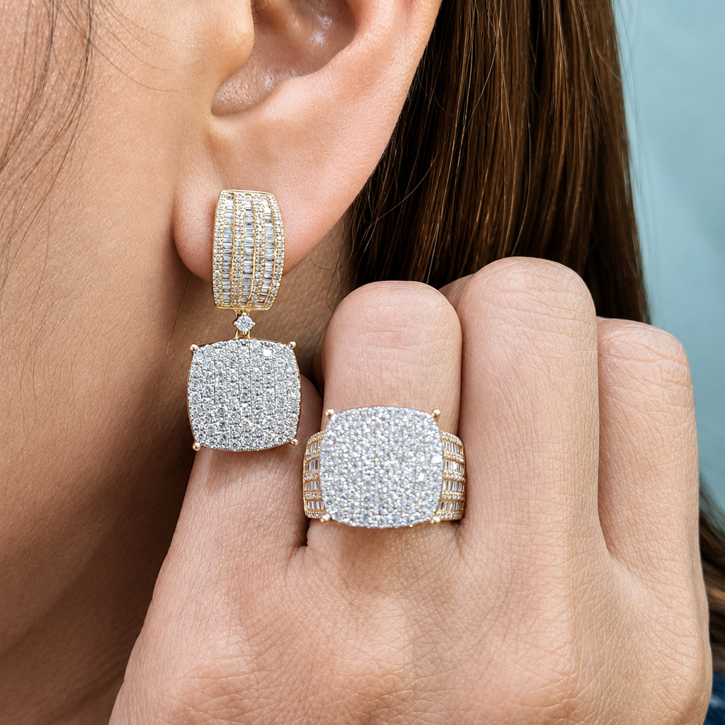 Golden Classic Cushion Paved Dangling Millionaire’s Diamond Jewelry Set 14K