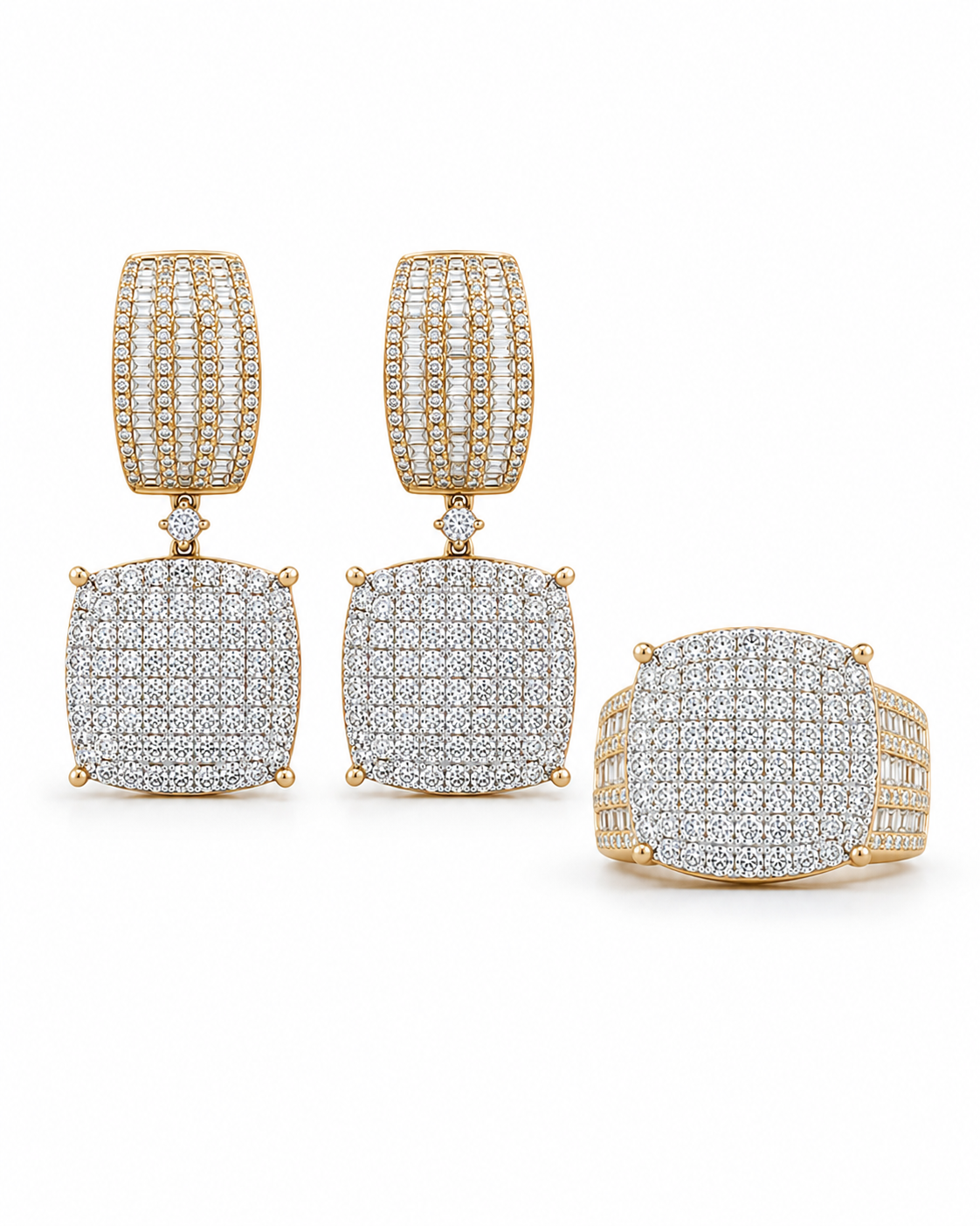 Golden Classic Cushion Paved Dangling Millionaire’s Diamond Jewelry Set 14K
