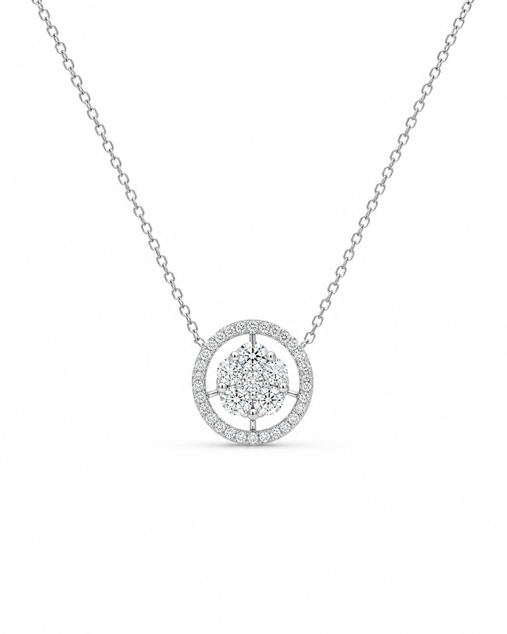 Classic Round Halo Diamond Necklace 18K