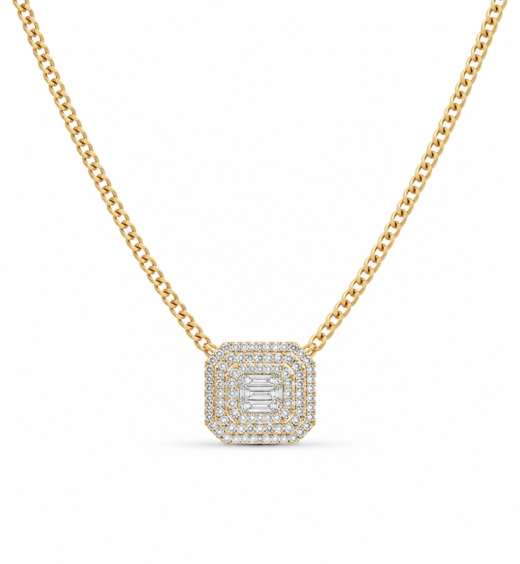 Classic Emerald Golden Cuban Chain Diamond Necklace 14K