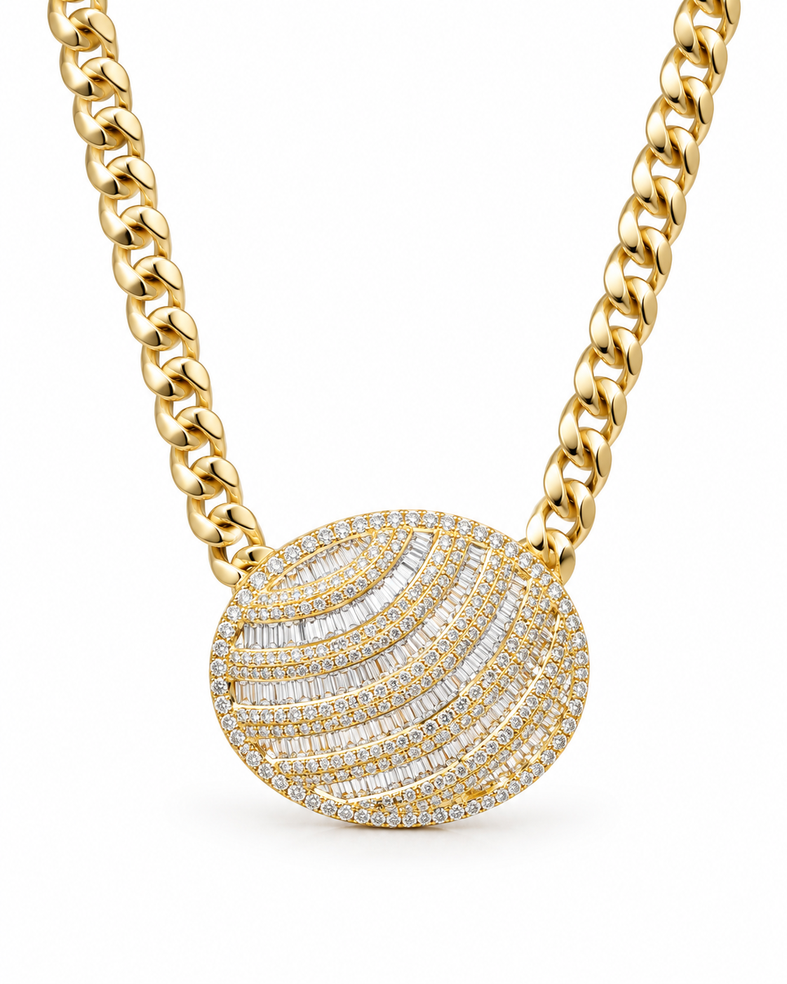 Classic Oval Baguette Cuban Chain Diamond Necklace 14K