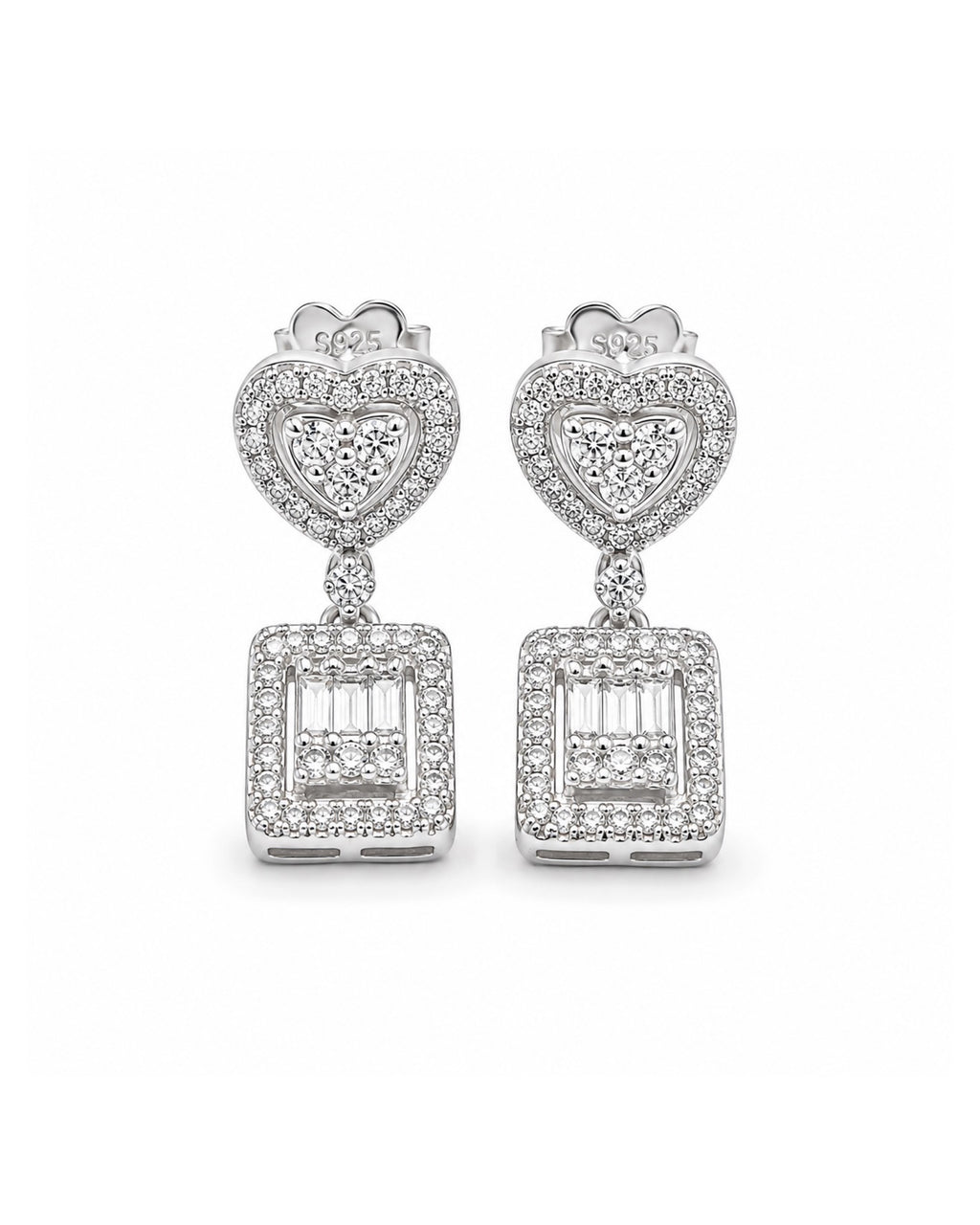 Classic Heart Square Halo Dangling Diamond Earrings 14K