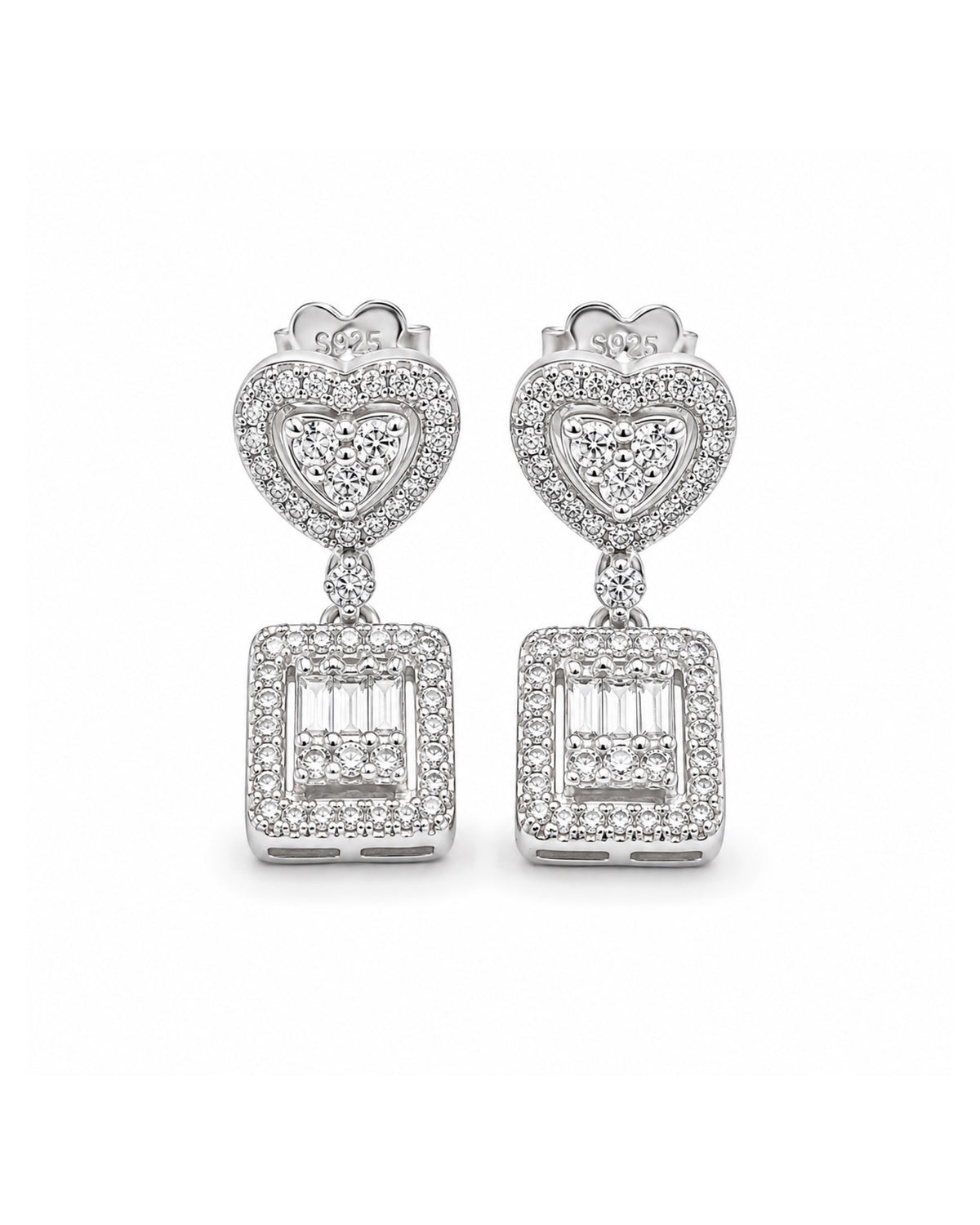 Classic Heart Square Halo Dangling Diamond Earrings 14K