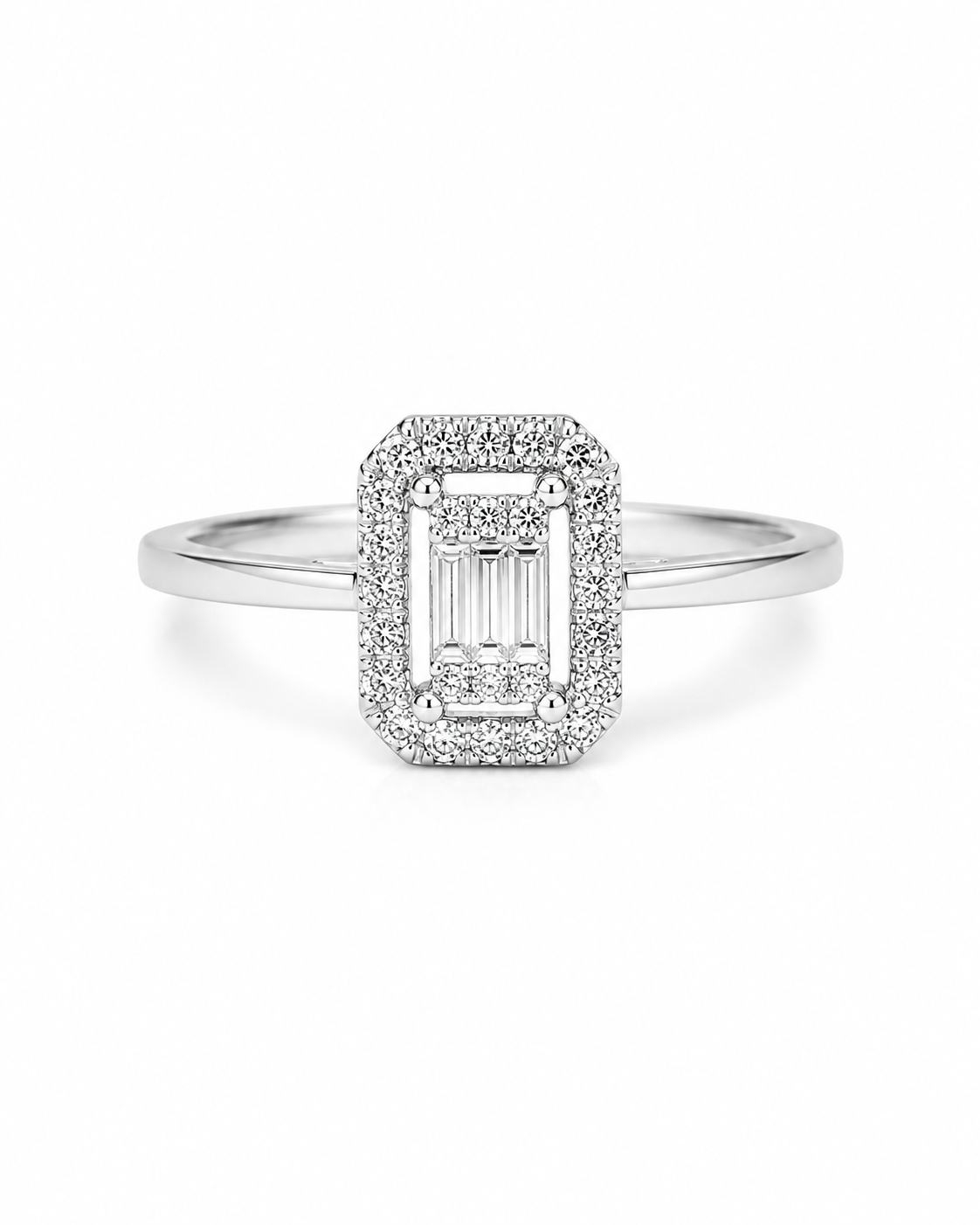 Classic Emerald Halo Baguette Diamond Ring 18K