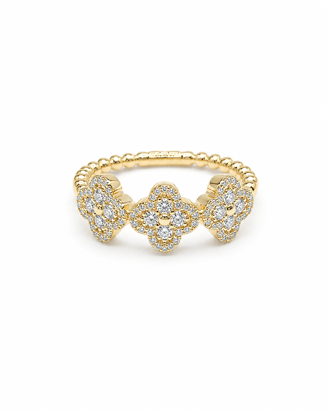 Classic Golden Trio Clover Beaded Diamond Ring 14K