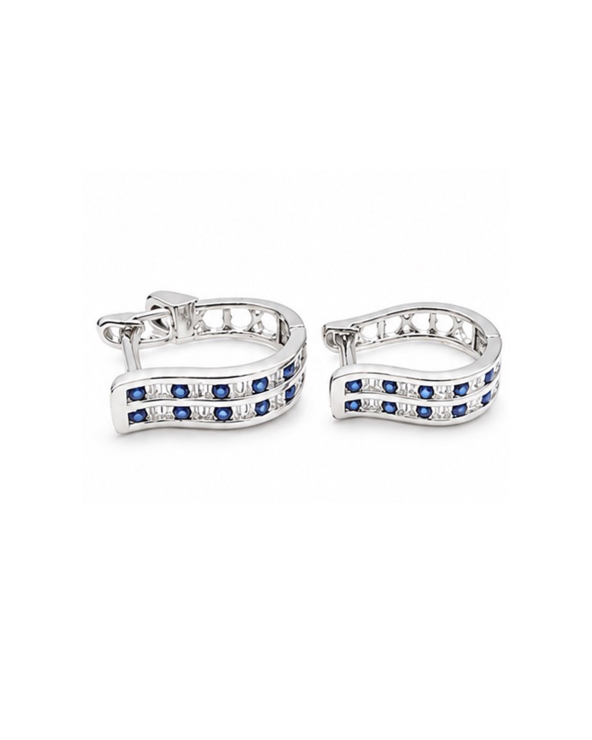 Classic Layered Sapphire Gemstones Baguette Hoop Diamond Earrings 18K