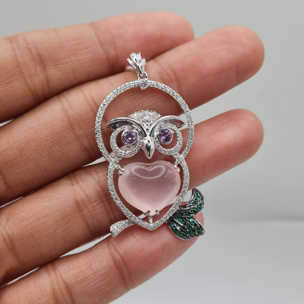 Owl Diamond Mixed Gemstone Necklace Pendant