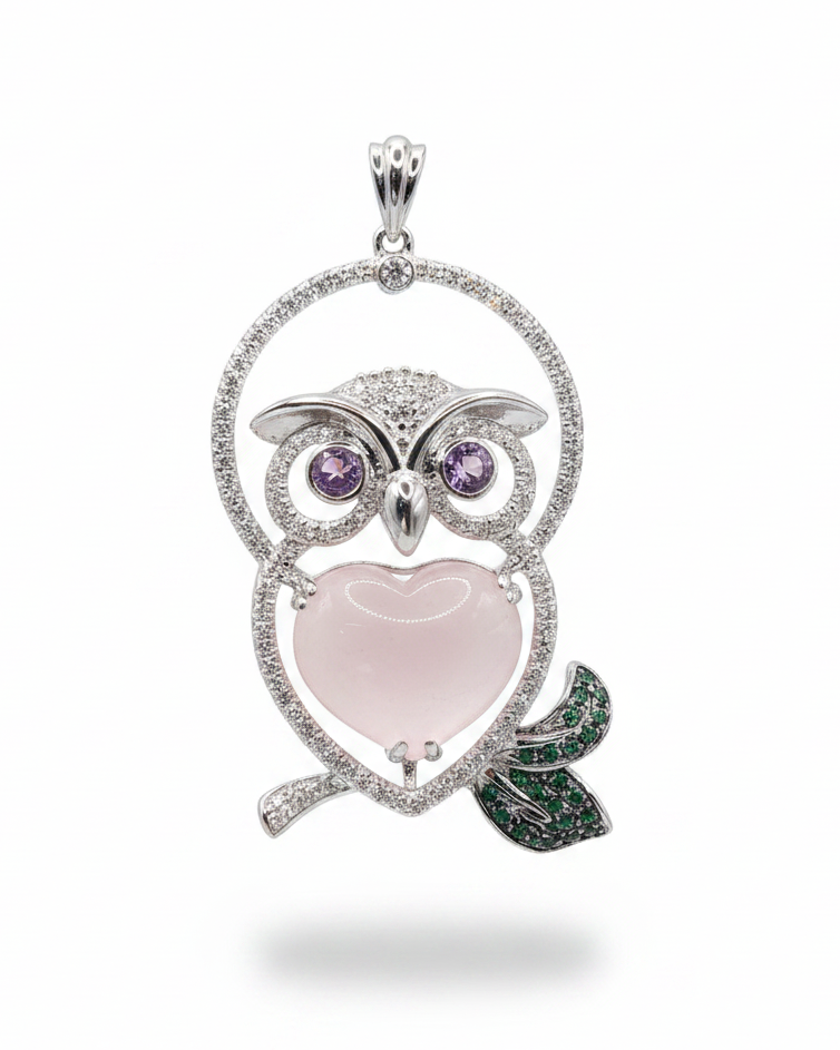 Owl Mixed Gemstones Diamond Necklace Pendant 14K