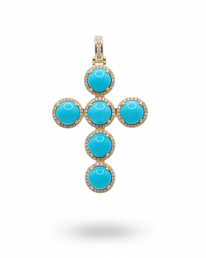 Golden Round Turquoise Gemstones Cross Diamond Necklace Pendant 14¥