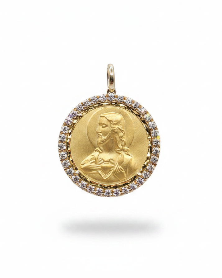 Golden Christ Medallion Diamond Necklace Pendant 14K