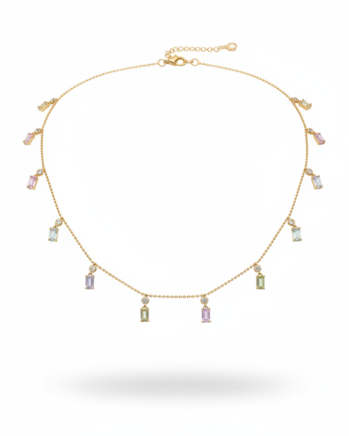 Emerald Rainbow Gemstones Station Diamond Necklace 14K