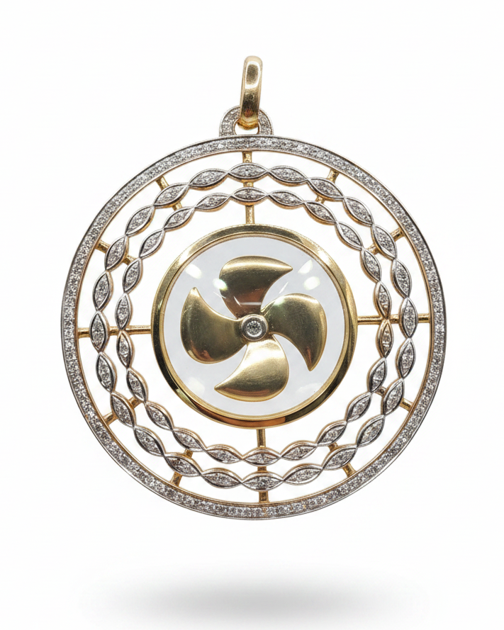 Lucky Golden Wheel Marquise Paved Diamond Necklace Pendant 18K