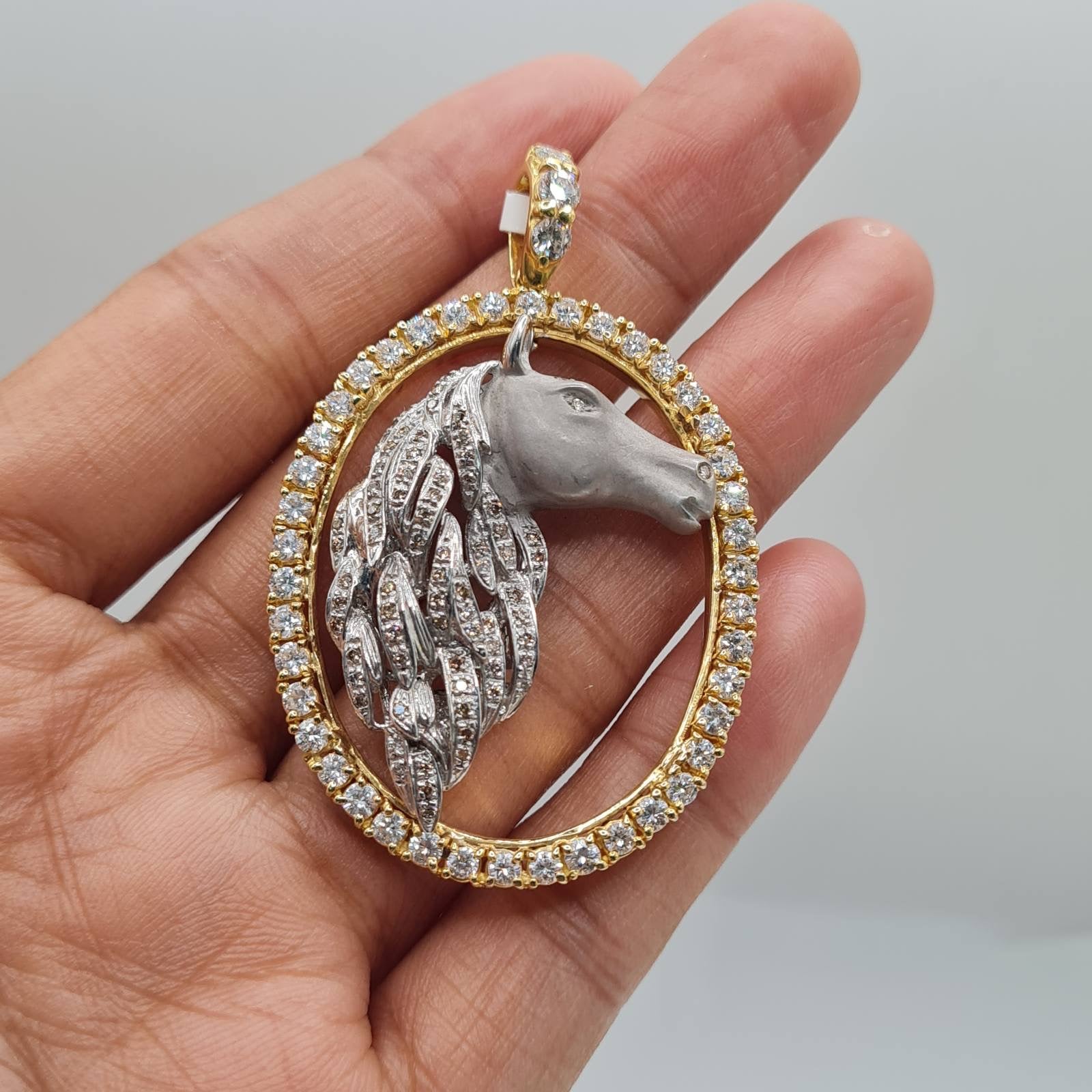 Two Tone Stallion Diamond Necklace Pendant 18K