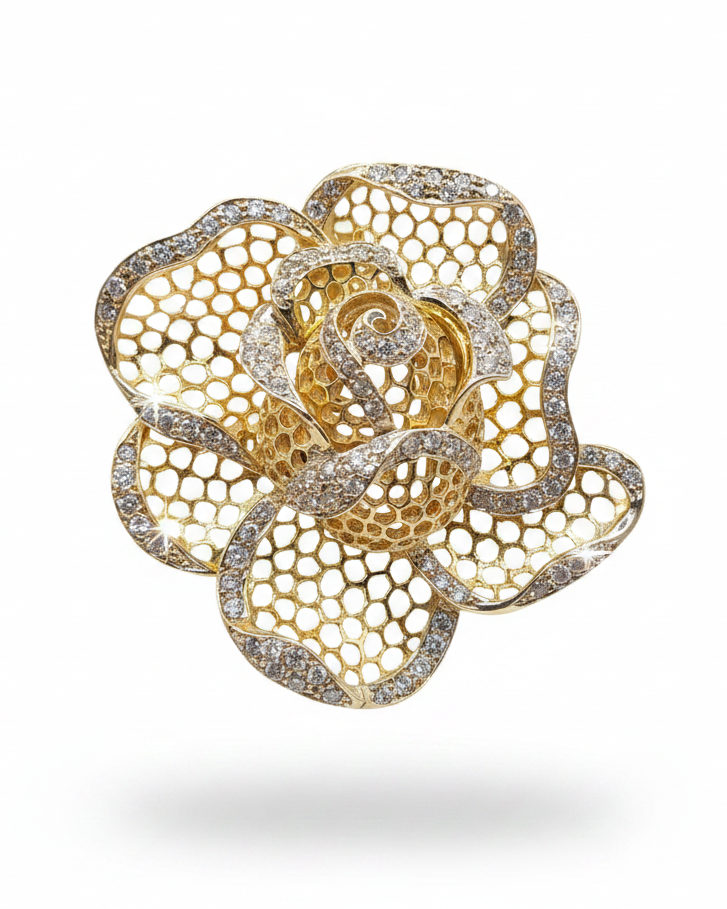 Flower Statement Diamond Necklace Pendant Brooch 14K Solid Gold