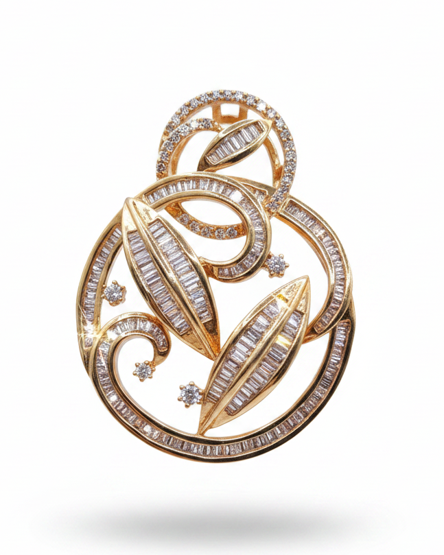 Rose Baguette Paved Leaf Diamond Necklace Pendant 18K