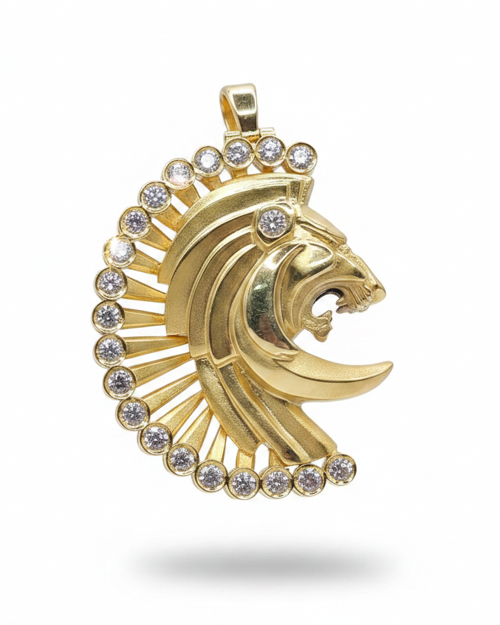 Golden King Tiger Art Deco Diamond Necklace Pendant 18K