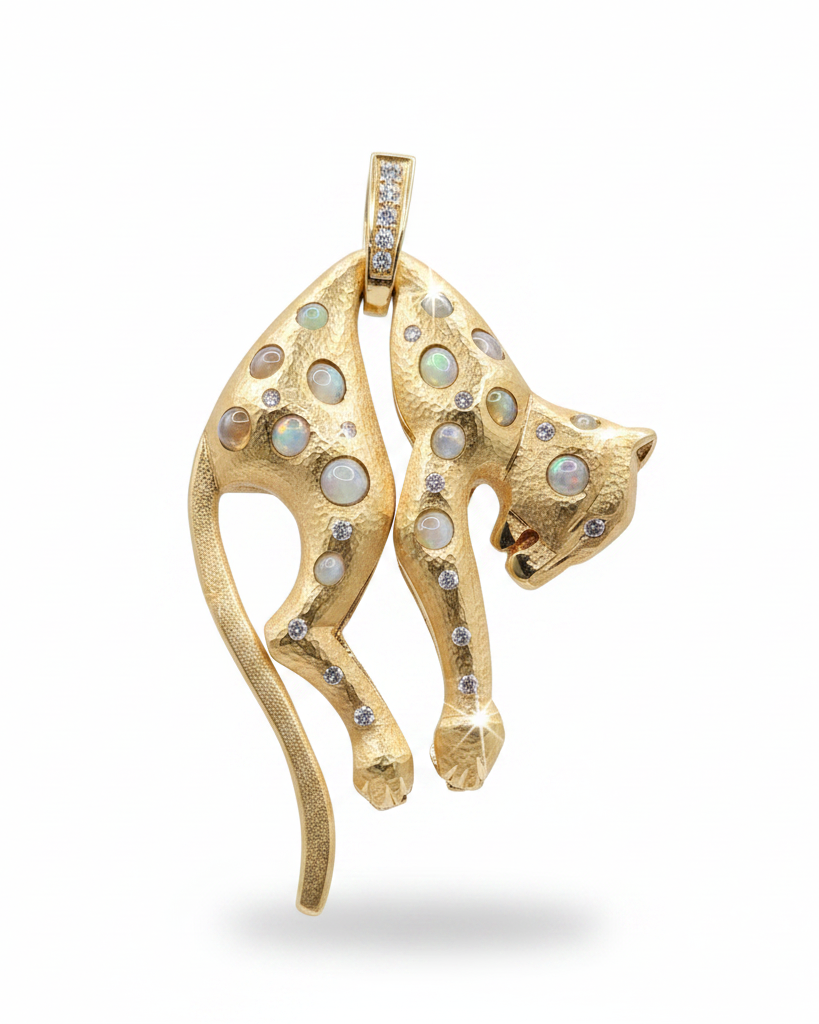 5ct Cat’s Eye Gemstones Golden Panther Diamond Necklace Pendant 18K
