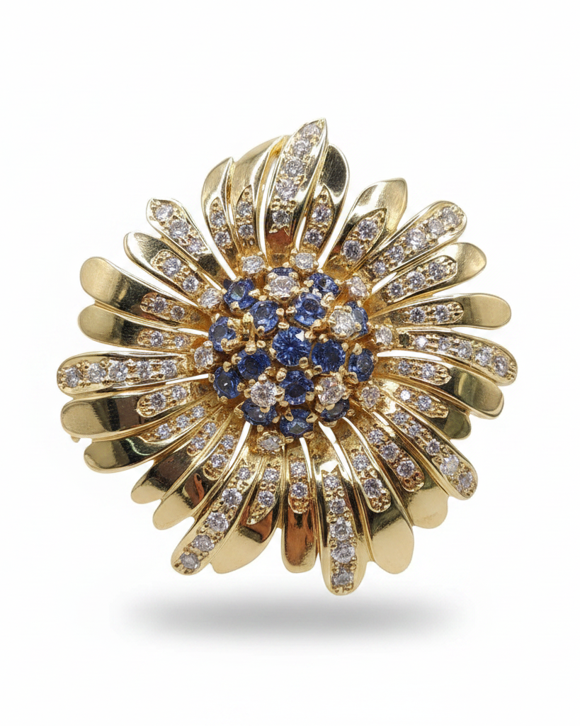 Golden Floral Diamond Necklace Pendant Brooch 18K