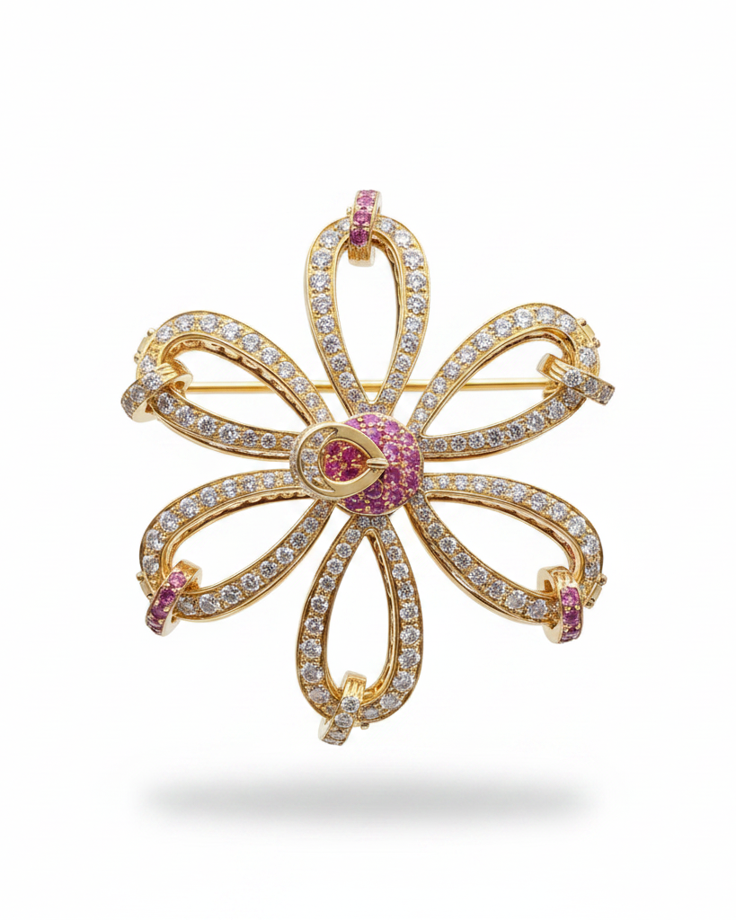 Golden Flower Deco Studded Diamond Necklace Pendant Brooch 18K