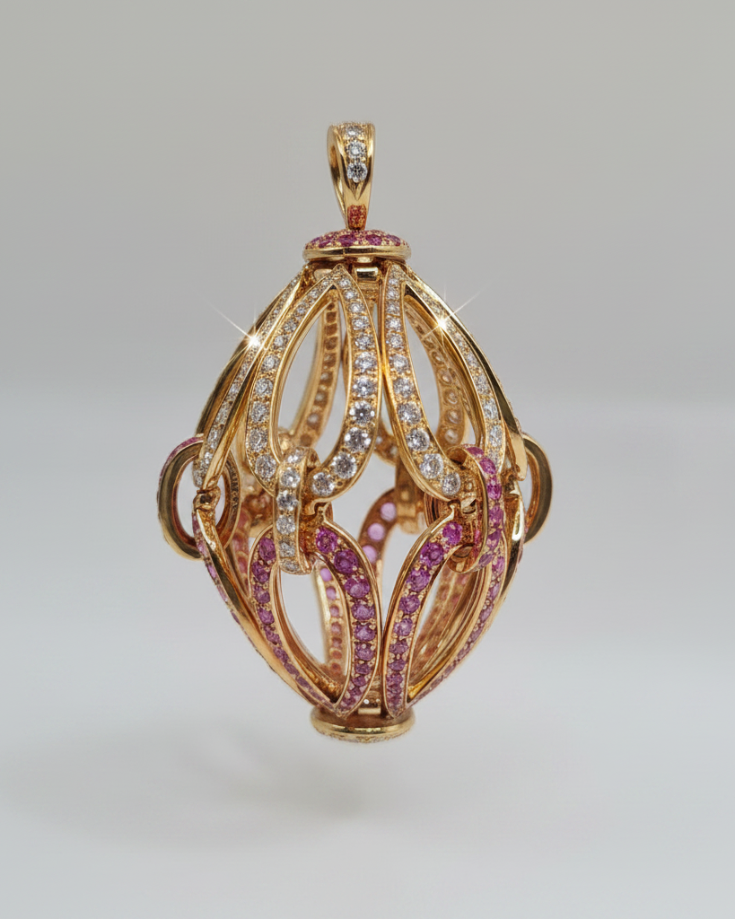 Golden Pink Sapphire Gemstones Diamond Necklace Pendant 18K