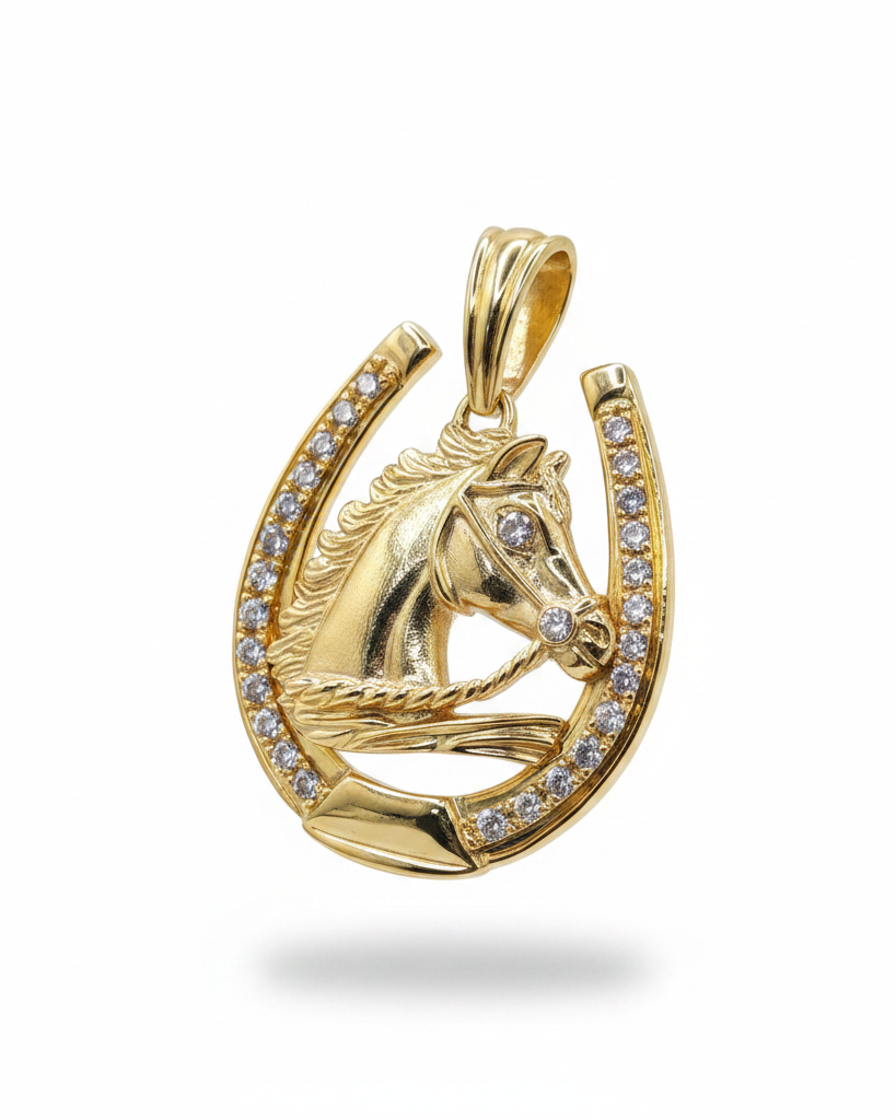 Golden Horse Head Stadded Diamond Necklace Pendant 18K