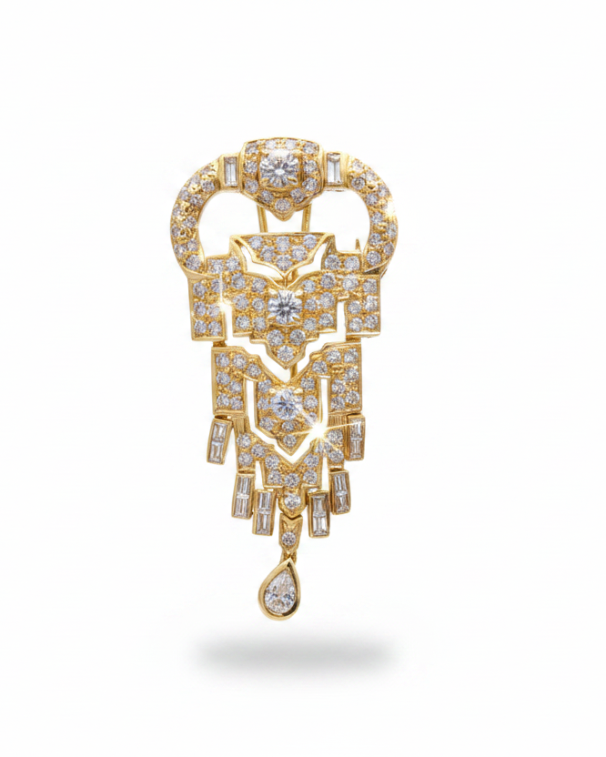 Golden Art Deco Diamond Necklace Pendant Brooch 18K