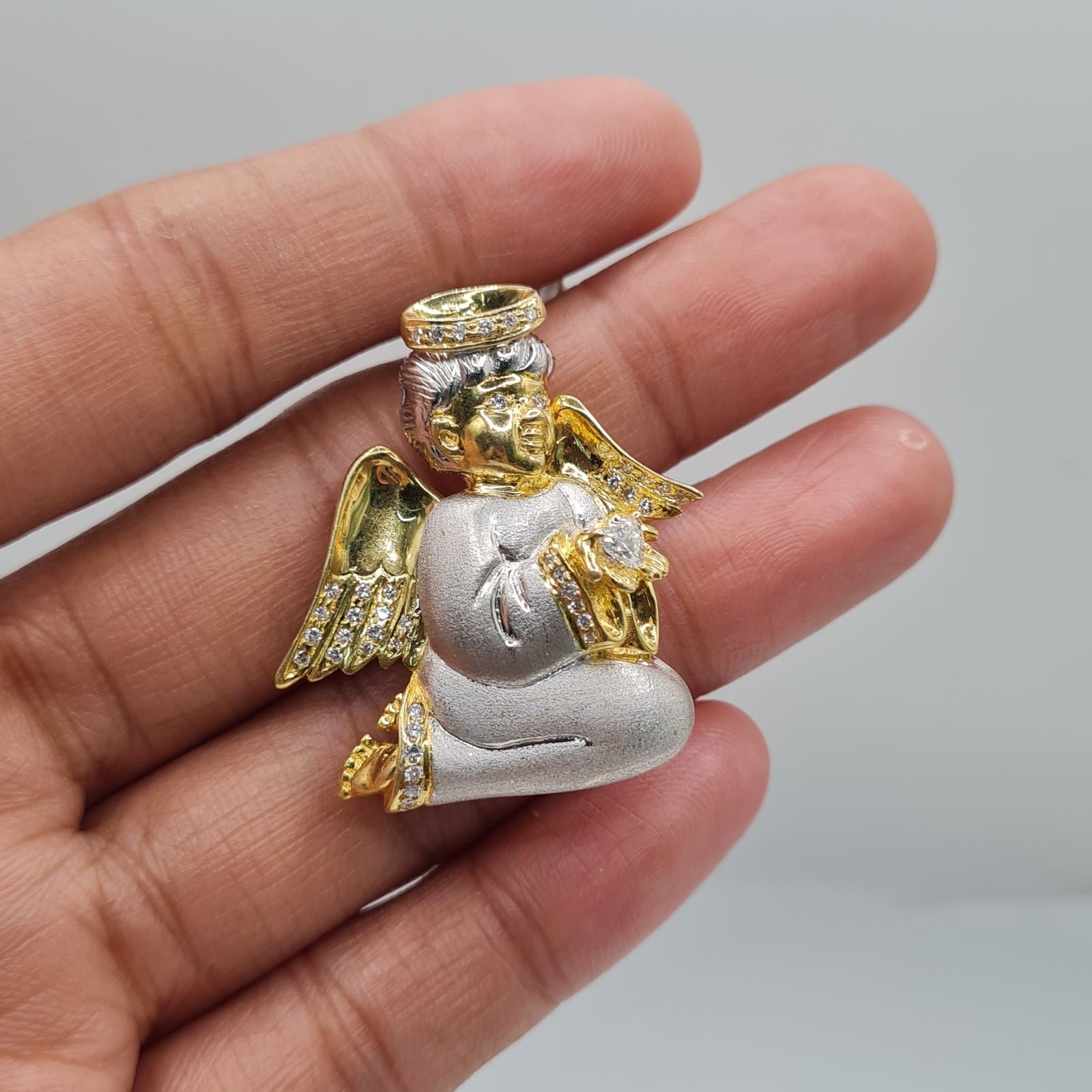 Matte Cherub Baby Angel Diamond Necklace Pendant 18K