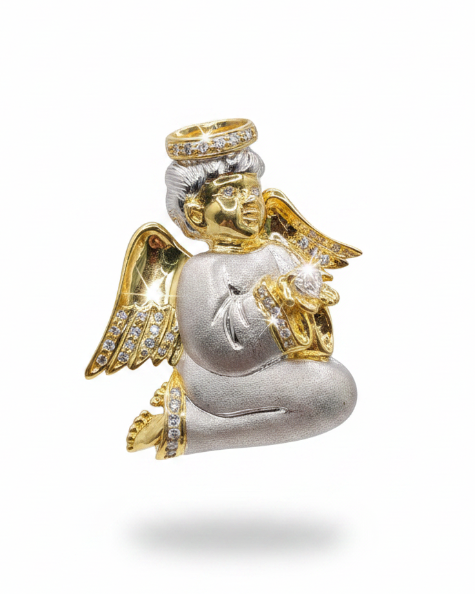 Matte Cherub Baby Angel Diamond Necklace Pendant Brooch 18K