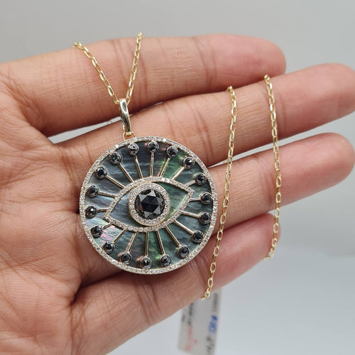 Black Diamond Evil Eye Mother Of Pearl Diamond Necklace 14K