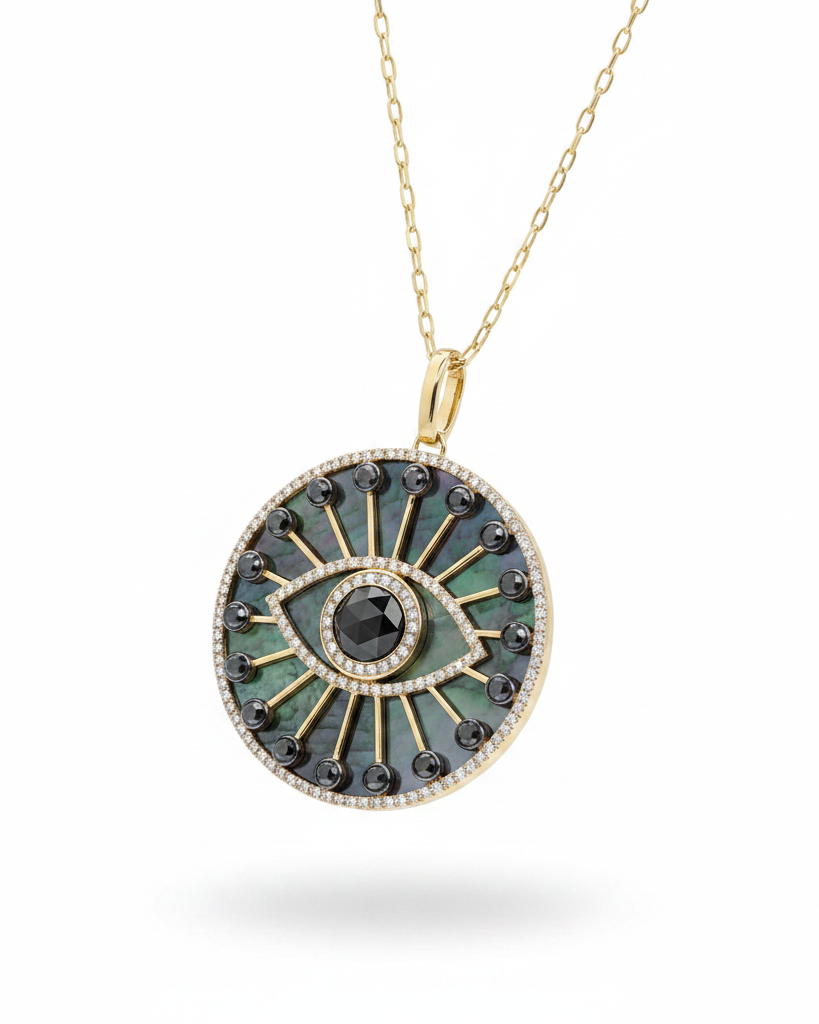 Black Diamond Evil Eye Mother Of Pearl Diamond Necklace 14K