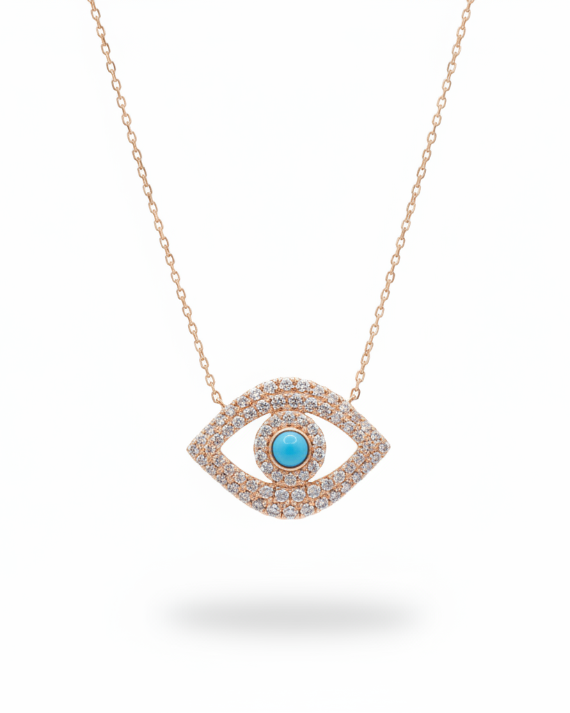Golden Evil Eye Turquoise Gemstone Diamond Necklace 18K