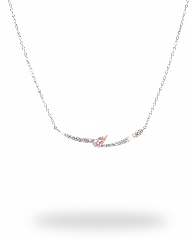 Teardrop Pink Sapphire Gemstone Bar Diamond Necklace 14K