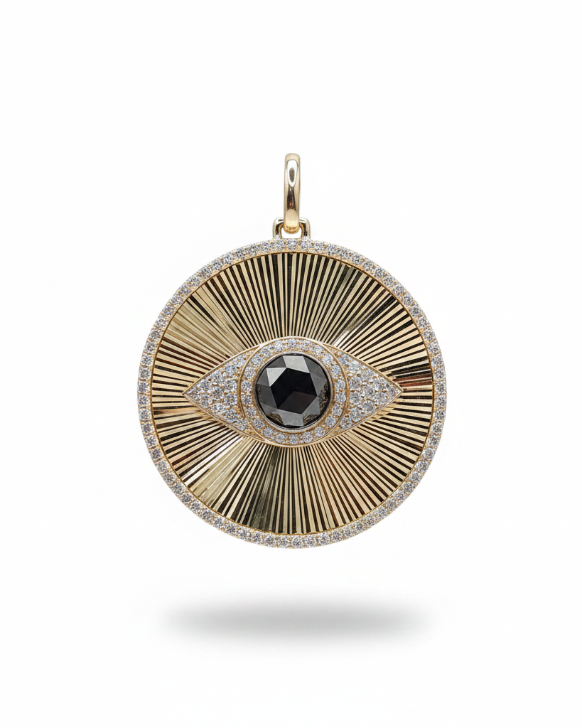 Golden Black Diamond Evil Eye Necklace Pendant 14K