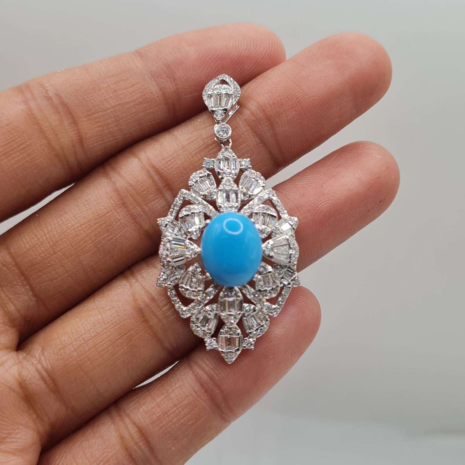Multi Shape Diamond Oval Turquoise Necklace Pendant 14K