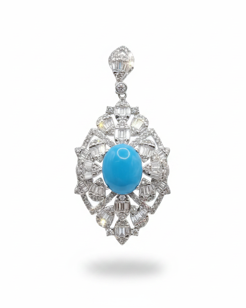 Oval Turquoise Gemstone Diamond Necklace Pendant 14K