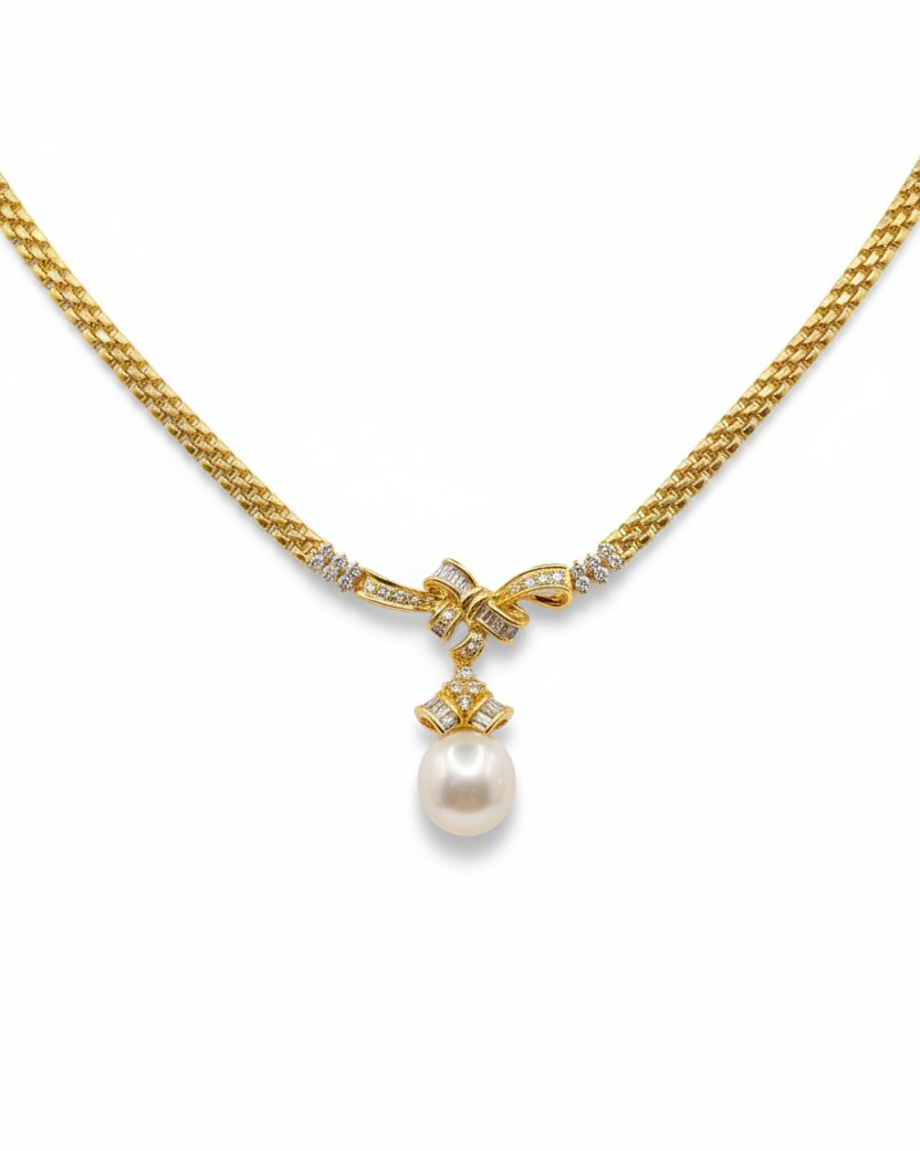 South Sea Pearl Golden Bow Chain Drop Diamond Necklace 18K